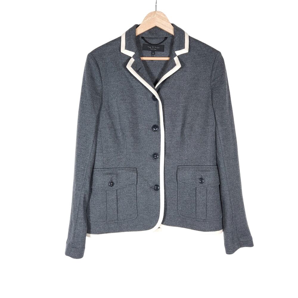 Rag & Bone Blazer 4 Gray White Wool Button Down Pocket Long Sleeve Jacket